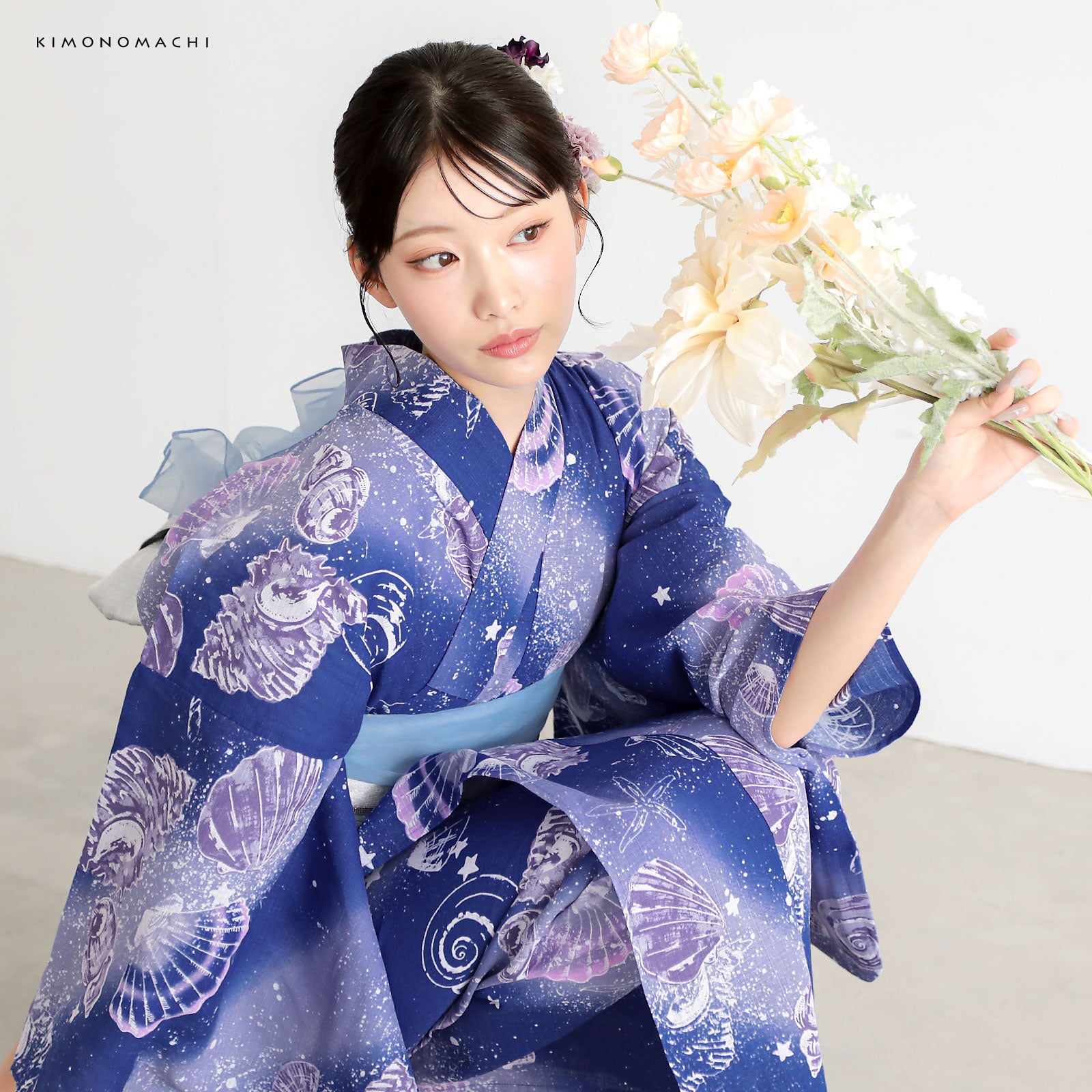 【夜の海とヨット】幻想的なデザイン浴衣 （先着で帯飾り付） 浴衣セット レディース 大人可愛い 浴衣2点セット（浴衣＋半幅帯