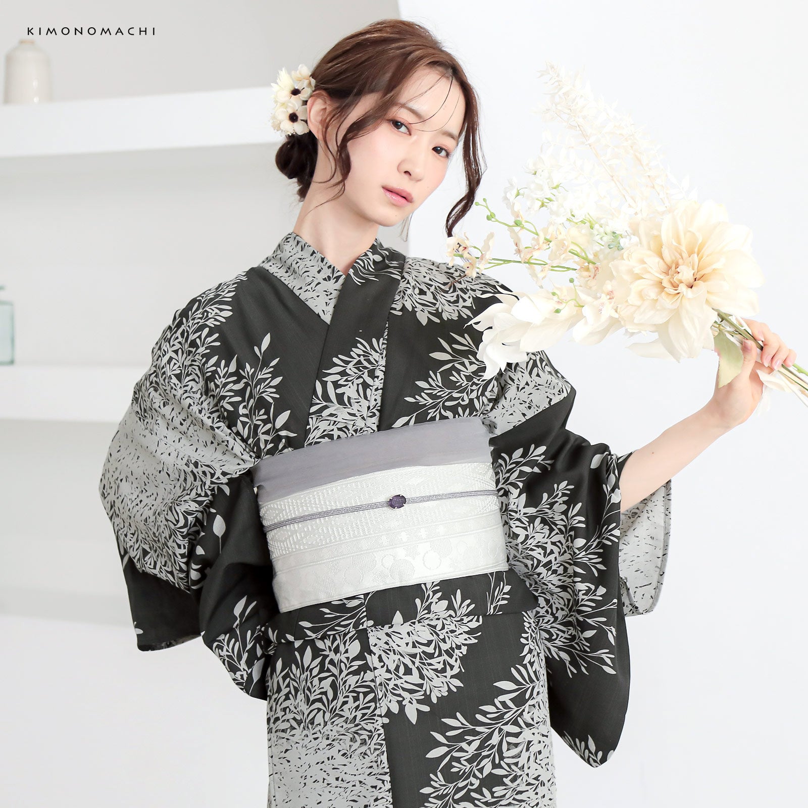 【美品】23区　オンワード樫山　浴衣＆帯　2点セット　裄68 Lサイズ 浴衣 セット レディース 吸水速乾 ポリエステル浴衣 浴衣2点セット