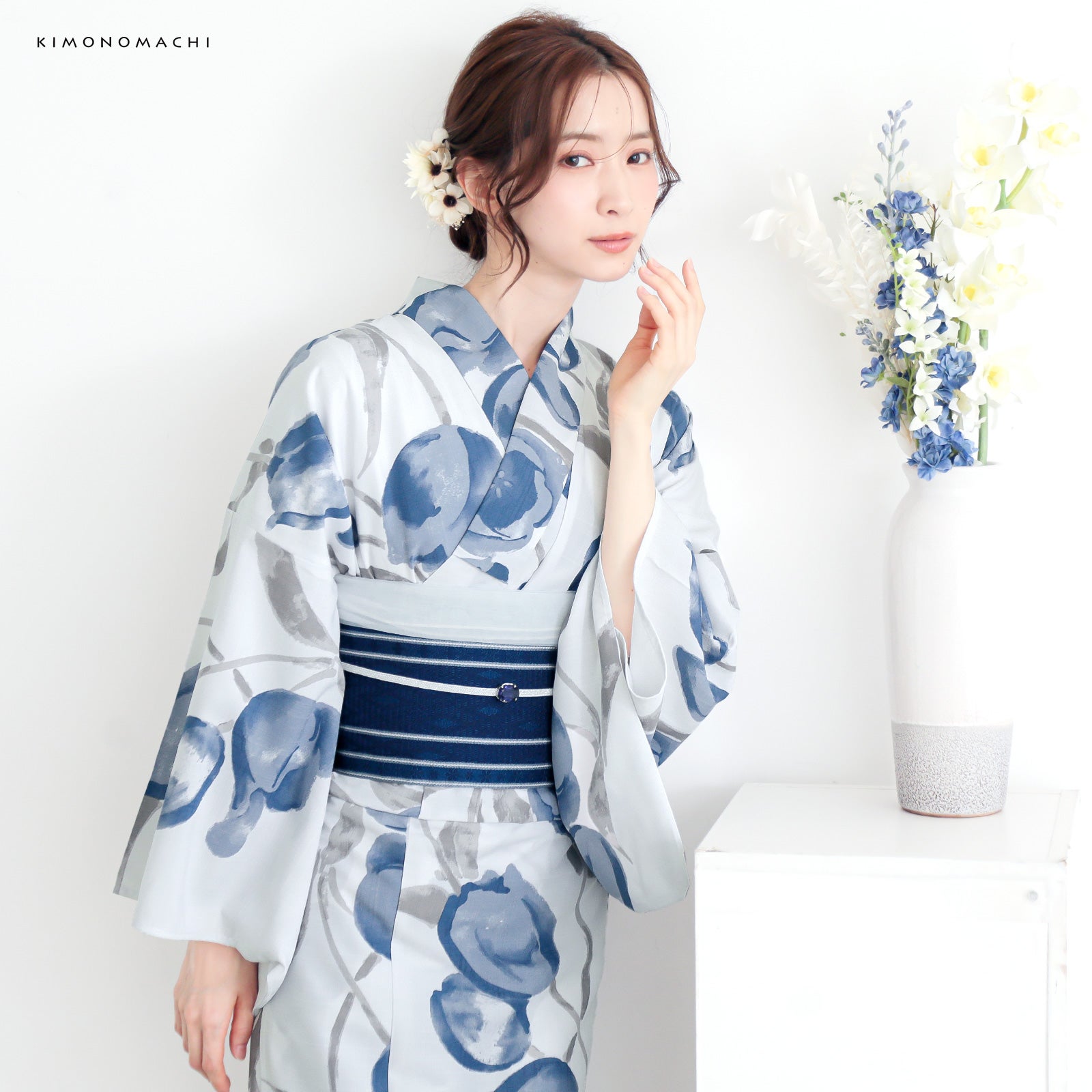 高機能ポリエステル浴衣☆大人の浴衣☆爽やかな白と青と紫 草花 浴衣 セット レディース 吸水速乾 ポリエステル浴衣 浴衣2点セット