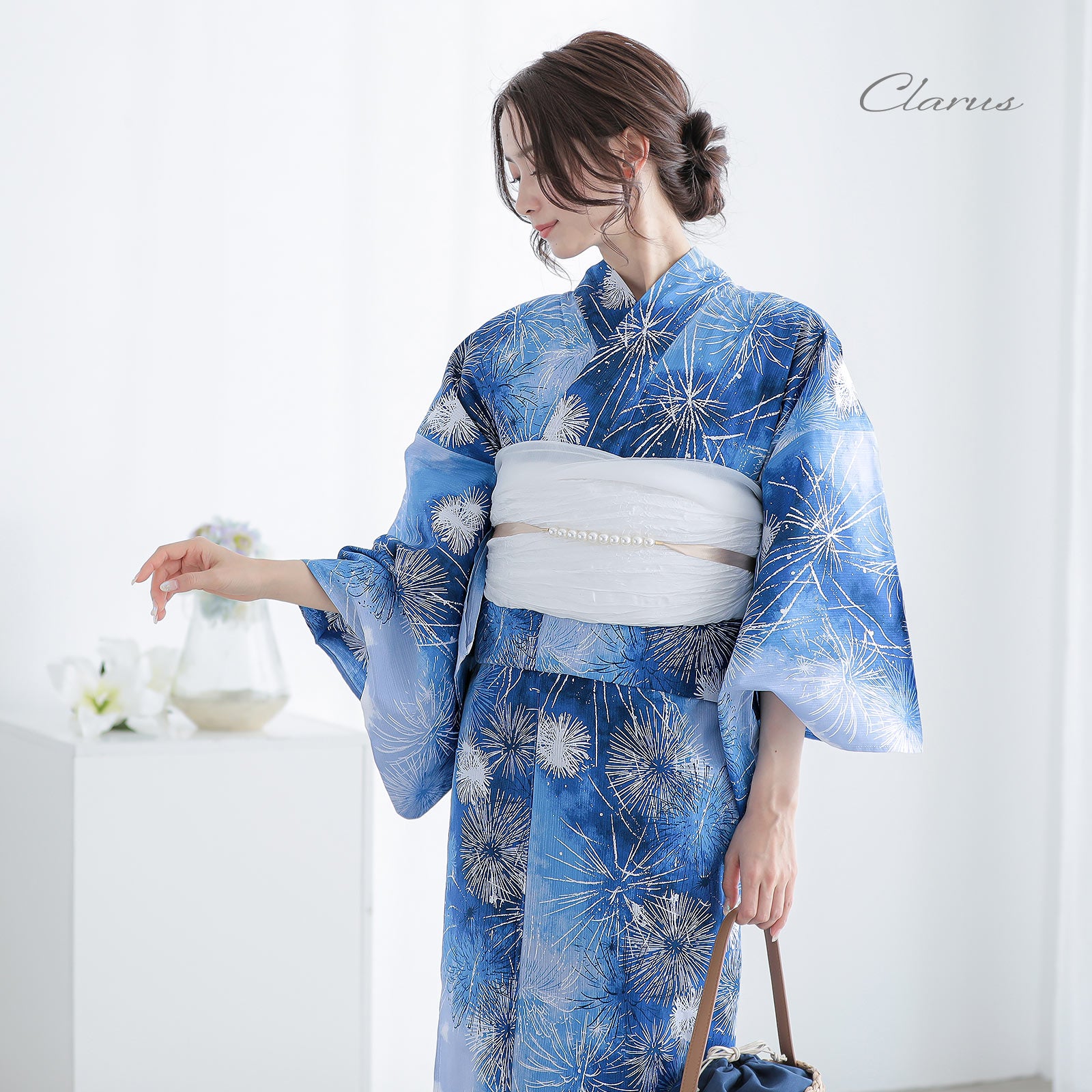 浴衣 帯セット 星降り花火 紺青 Clarus レディース 女性浴衣2点セット（浴衣＋しわ兵児帯）夏の思い出