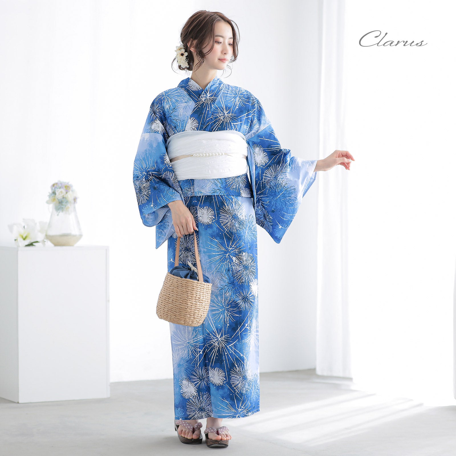 浴衣 帯セット 星降り花火 紺青 Clarus レディース 女性浴衣2点セット（浴衣＋しわ兵児帯）夏の思い出